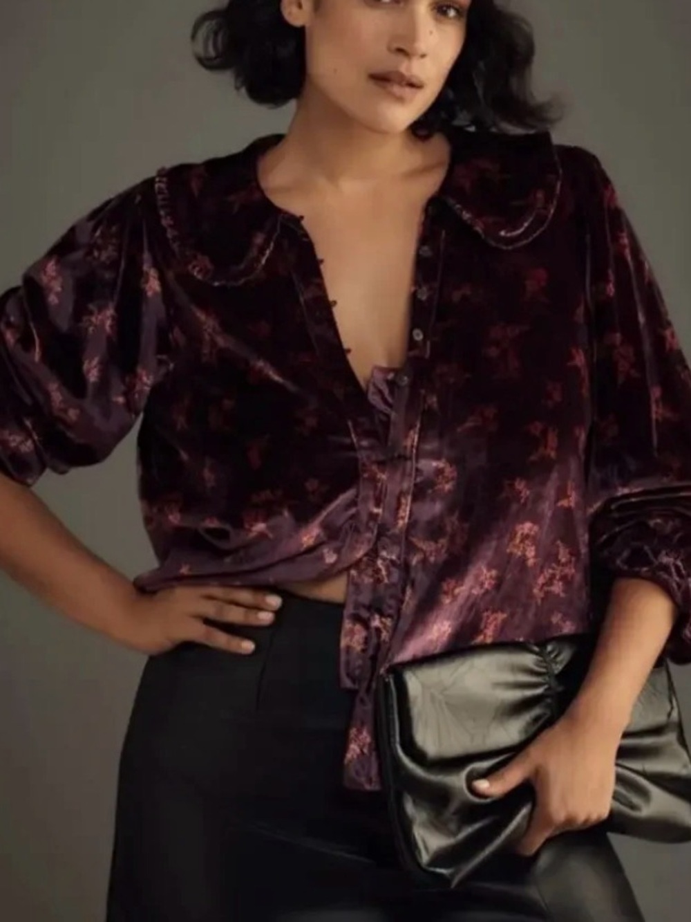 Anthropologie Pilcro Keira Velvet Blouse Peter Pan Collar Size L